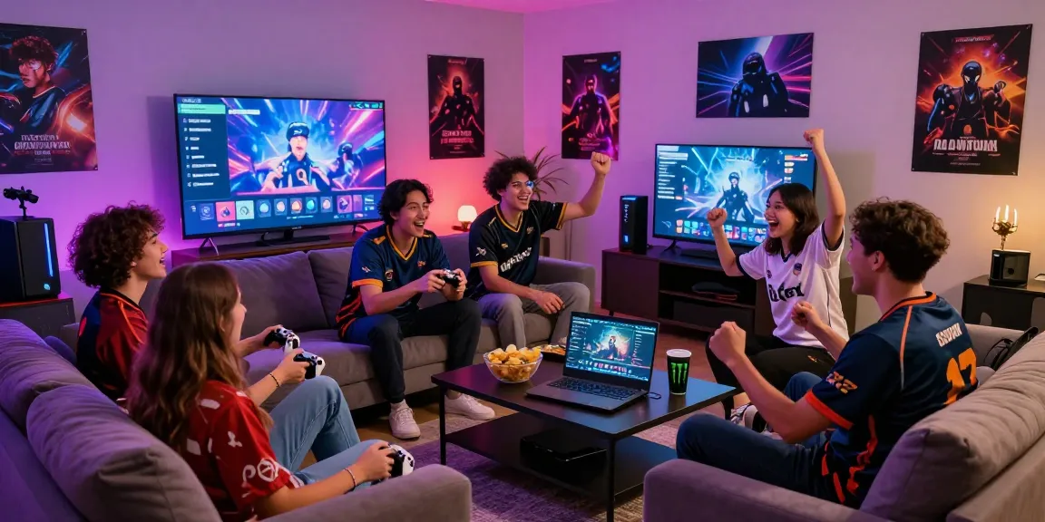A vibrant gaming scene with friends enjoying ZONA66 online games in a lively living room setting, complete with snacks and controllers.