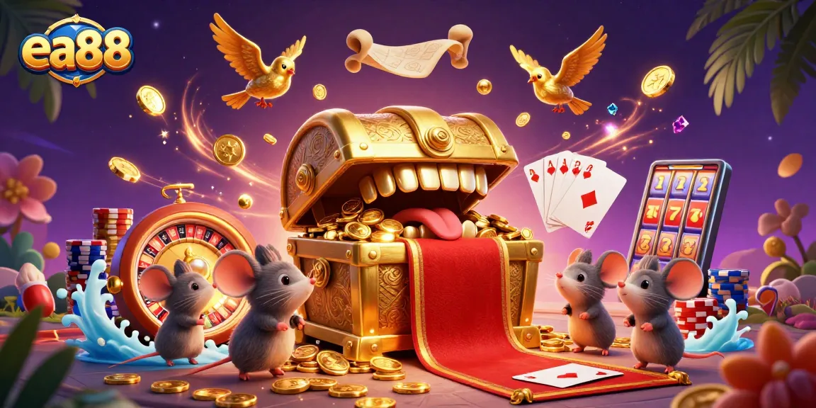 ea88 casino fun with a golden treasure chest, dynamism, and captivating casino elements