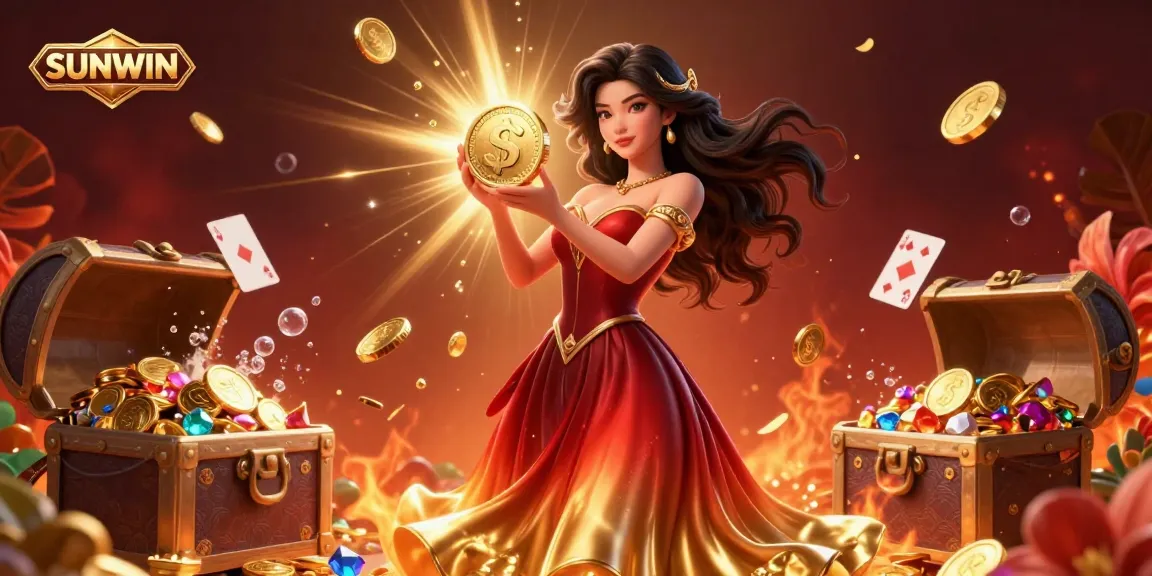 Experience the thrill of SUNWIN online casino with this vibrant scene showcasing a beautiful Asian woman and sparkling coins.