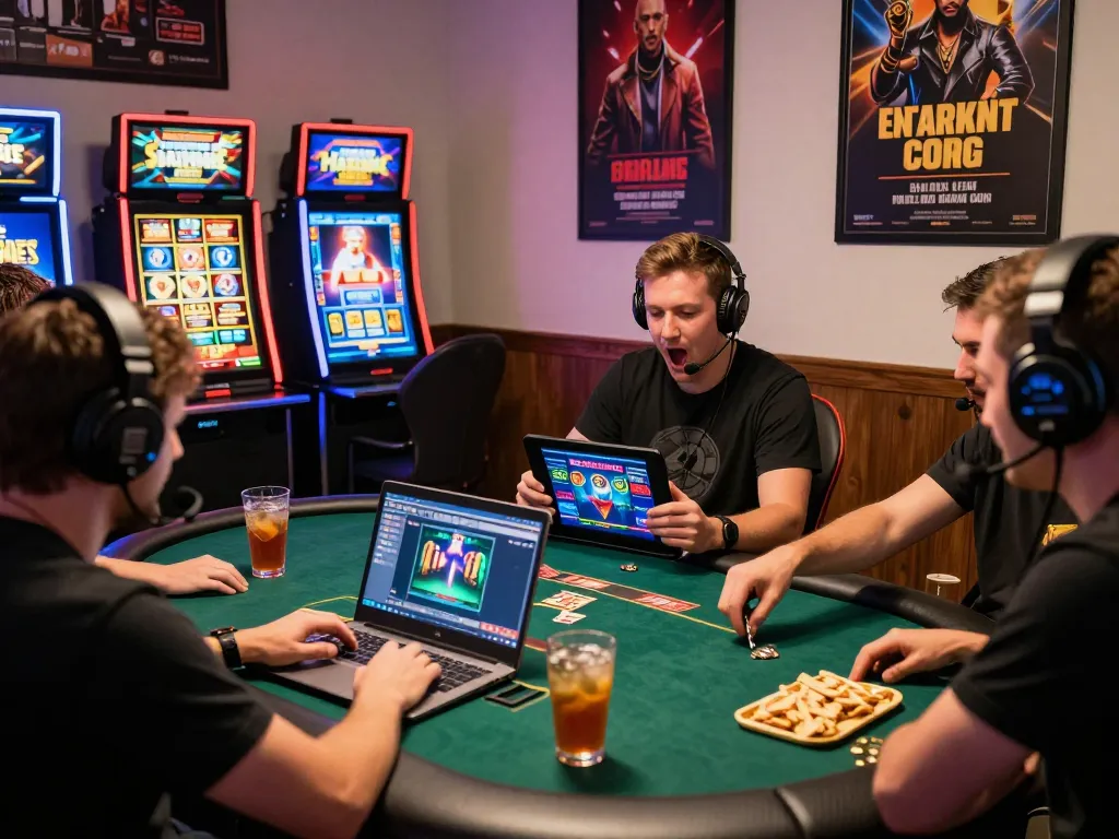 Enthusiastic gamers engaging in rikbet betting games on laptops and tablets in a vibrant atmosphere