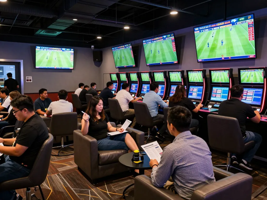 Kèo Nhà Cái excitement in a vibrant sports betting lounge with bettors engaged in live action.