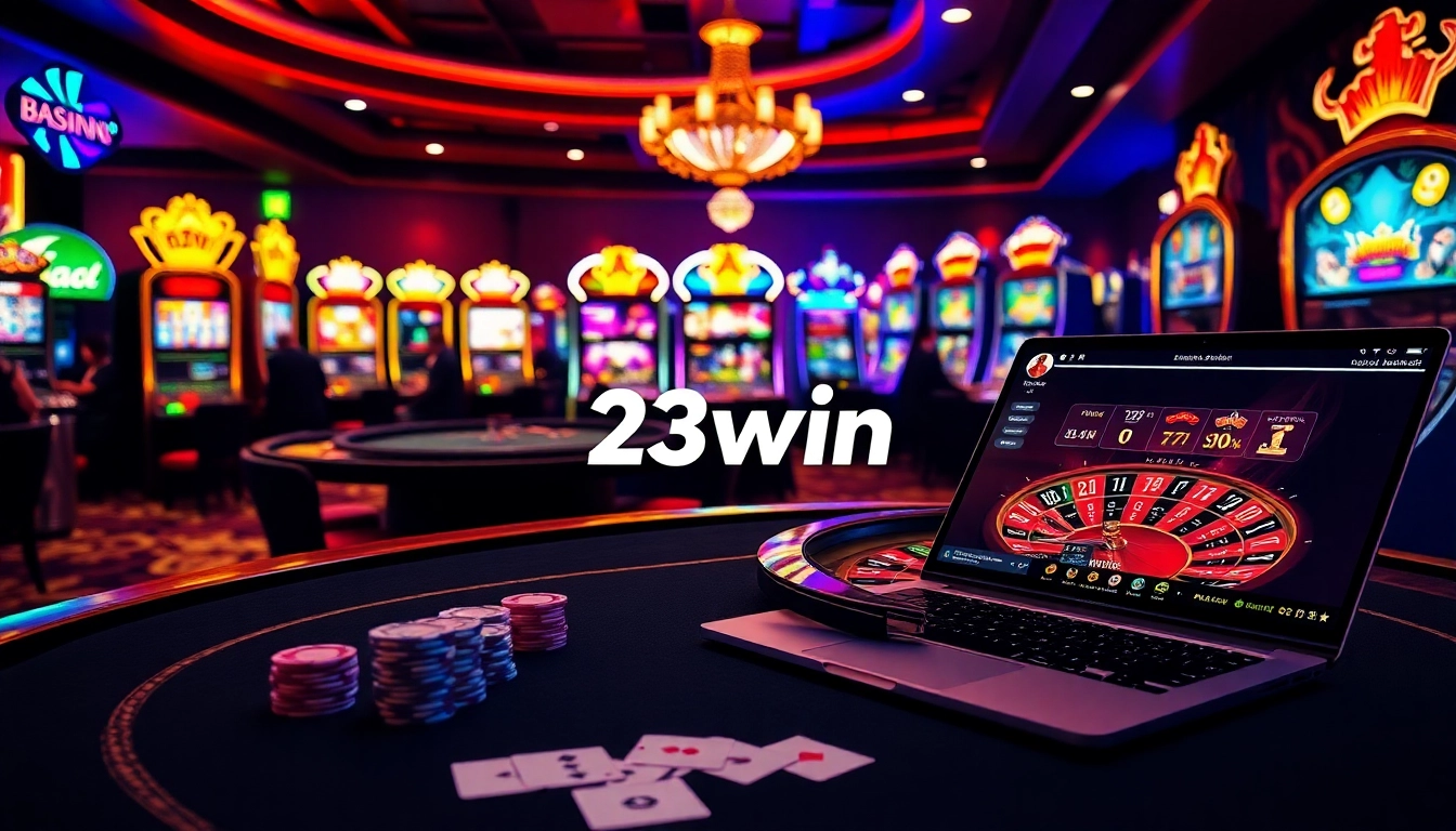 Thrilling casino scene showcasing 23win with poker chips, cards, and Roulette wheel in action.