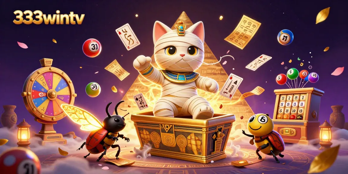 Engage with 333wintv's vibrant online casino experience featuring an Egyptian mummy cat and games.