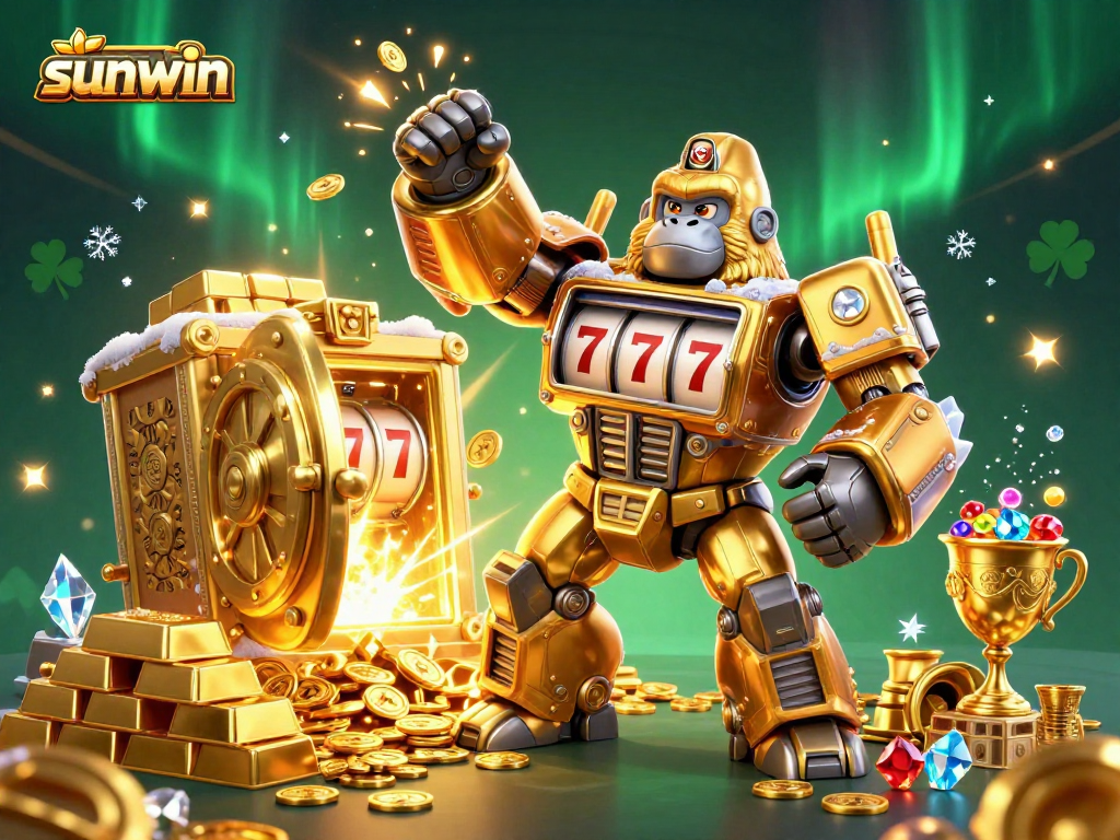 Experience sunwin's excitement with vibrant 3D illustration featuring a dynamic casino-themed gorilla mech and treasures.