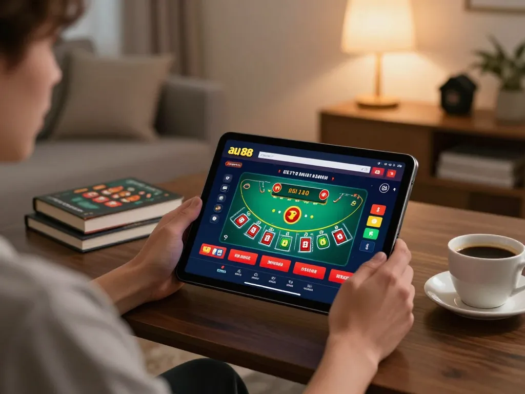 Person enjoying au 88 online casino blackjack on a tablet in a cozy home setting.
