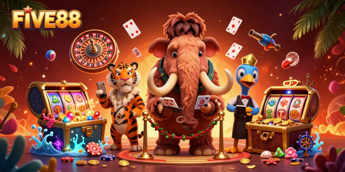 Experience the vibrant casino world of FIVE88 with interactive characters and colorful gaming elements.