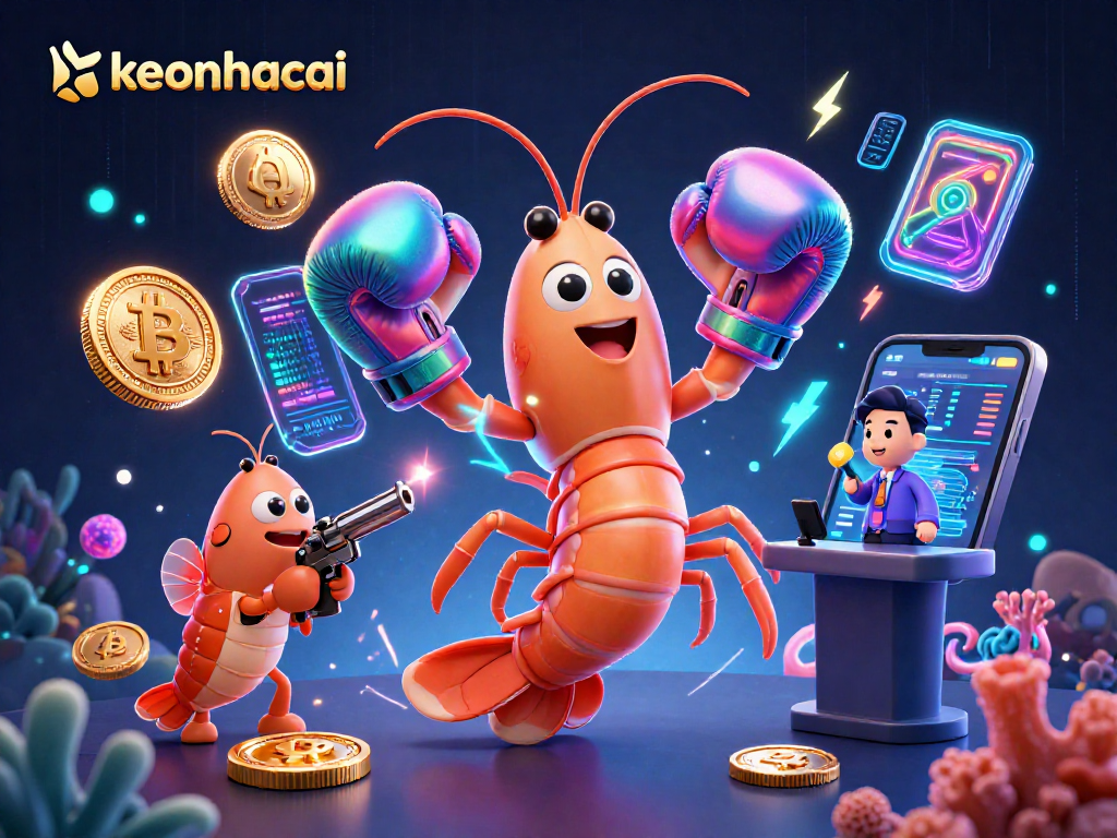 Engage in exciting crypto games with keonhacai, featuring animated ocean characters and vibrant blockchain elements.