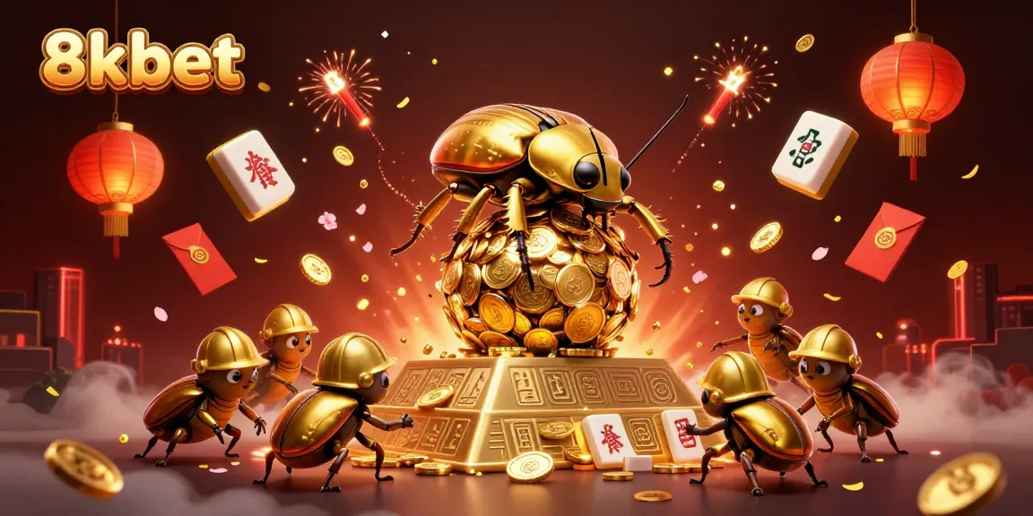 Join the thrilling 8xbet experience with golden beetles rolling coins amidst vibrant casino symbols.
