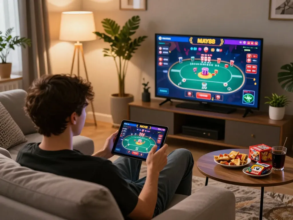 MAY88 player engaging in online gaming with a tablet in a cozy home setting, showcasing a relaxed atmosphere.