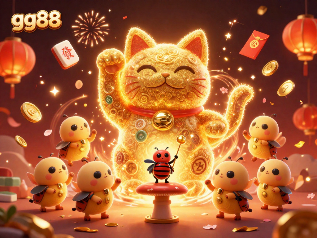 Experience unique rewards at gg88 with a lucky cat amidst casino symbols and festive elements.