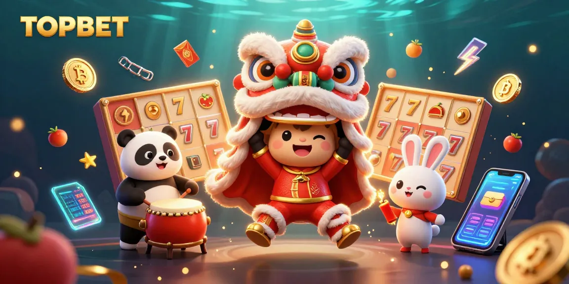 Engage in the exciting world of TOPBET with a vibrant 3D casino scene featuring slots, characters, and crypto elements.
