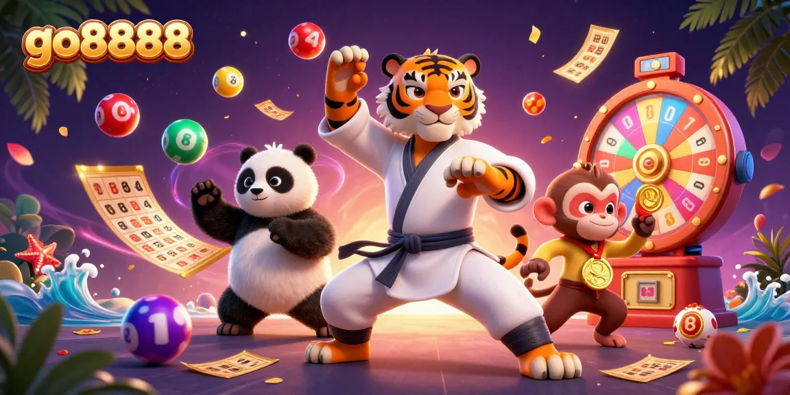 Engage in thrilling games at go8888 with an exciting illustration of lively casino characters and lottery elements.