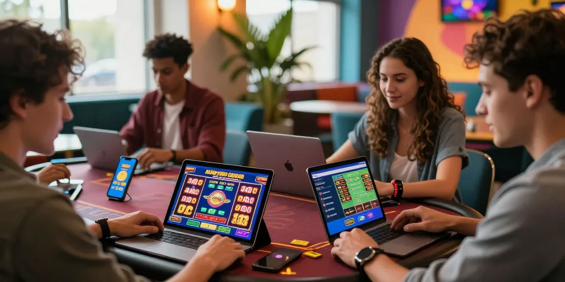Friends enjoying gaming on devices with lively ambiance at new credit card casinos.