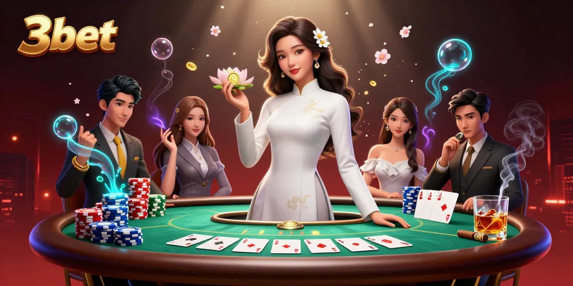 Experience thrilling moments at 3bet with stunning visuals of poker table, chips, and elegant characters.