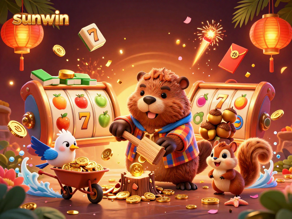 Experience thrilling wins at sunwin with a beaver, bird, and squirrel celebrating in an exciting casino setting.