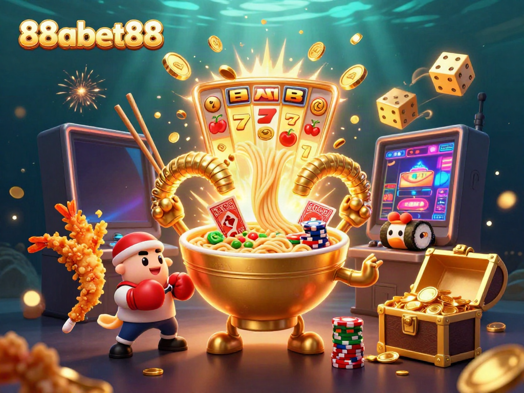 Join the exciting world of 88abet88 as a golden ramen bowl dealer entertains with vibrant casino elements.