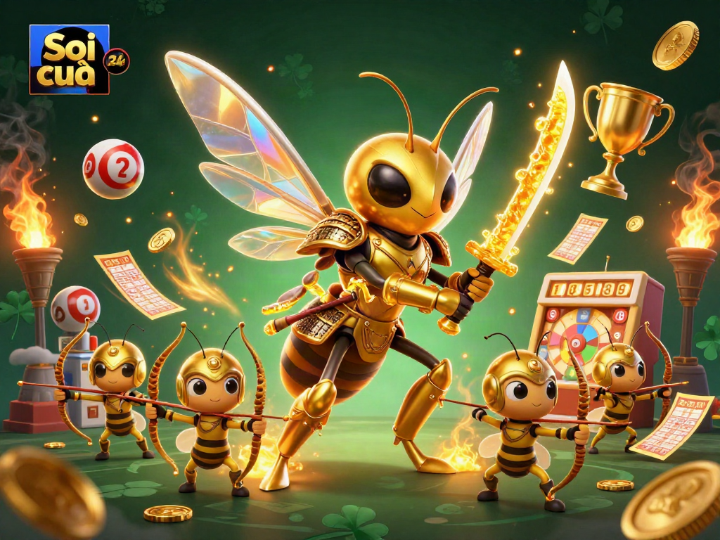 Soi cầu 24h enhances lottery strategies, featuring a golden hornet in samurai armor and dynamic elements.