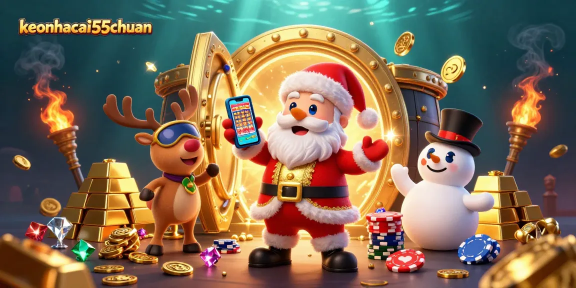 Experience excitement with keonhacai55chuan in a vibrant casino scene full of treasures and festive characters.