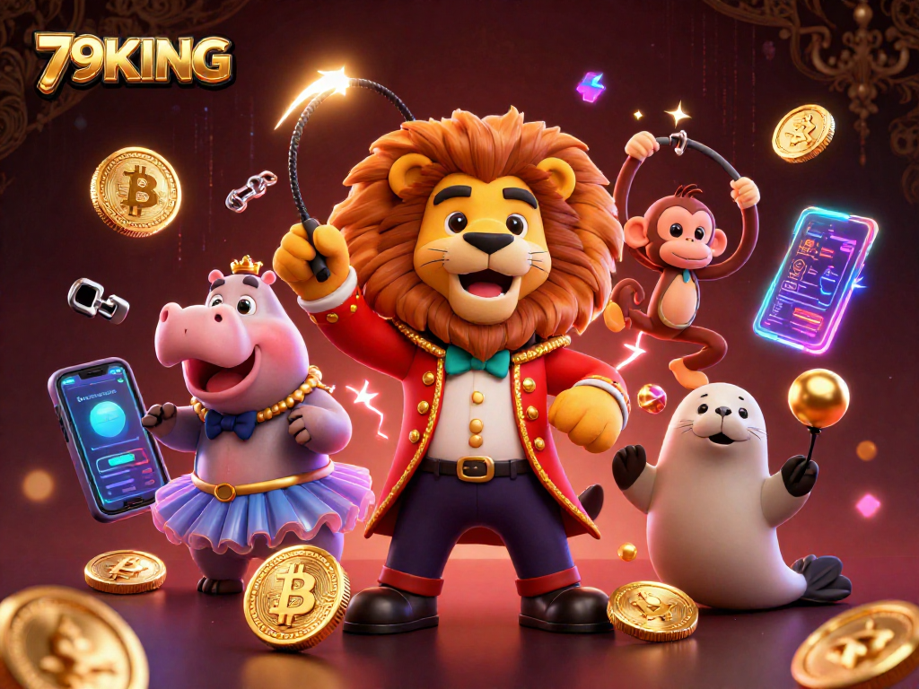 Experience 79KING's vibrant crypto casino universe with a dynamic circus-themed digital illustration.