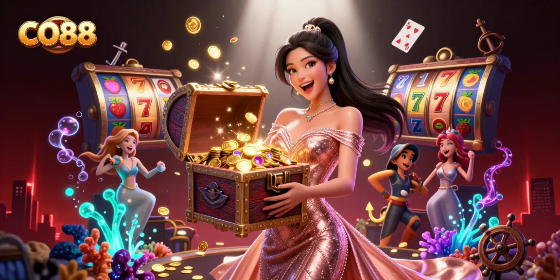 Win big with CO88 at the casino, showcasing dazzling treasures and vibrant game elements.