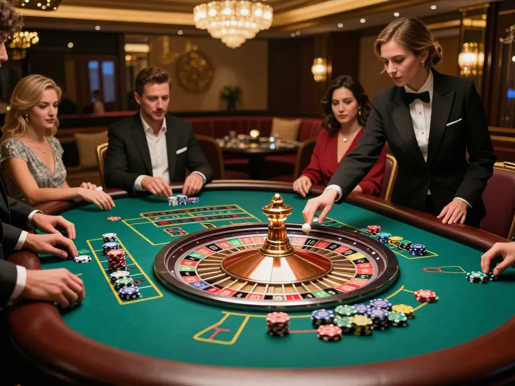 Engaged players placing bets on DU88 at a glamorous roulette table in a luxury casino.