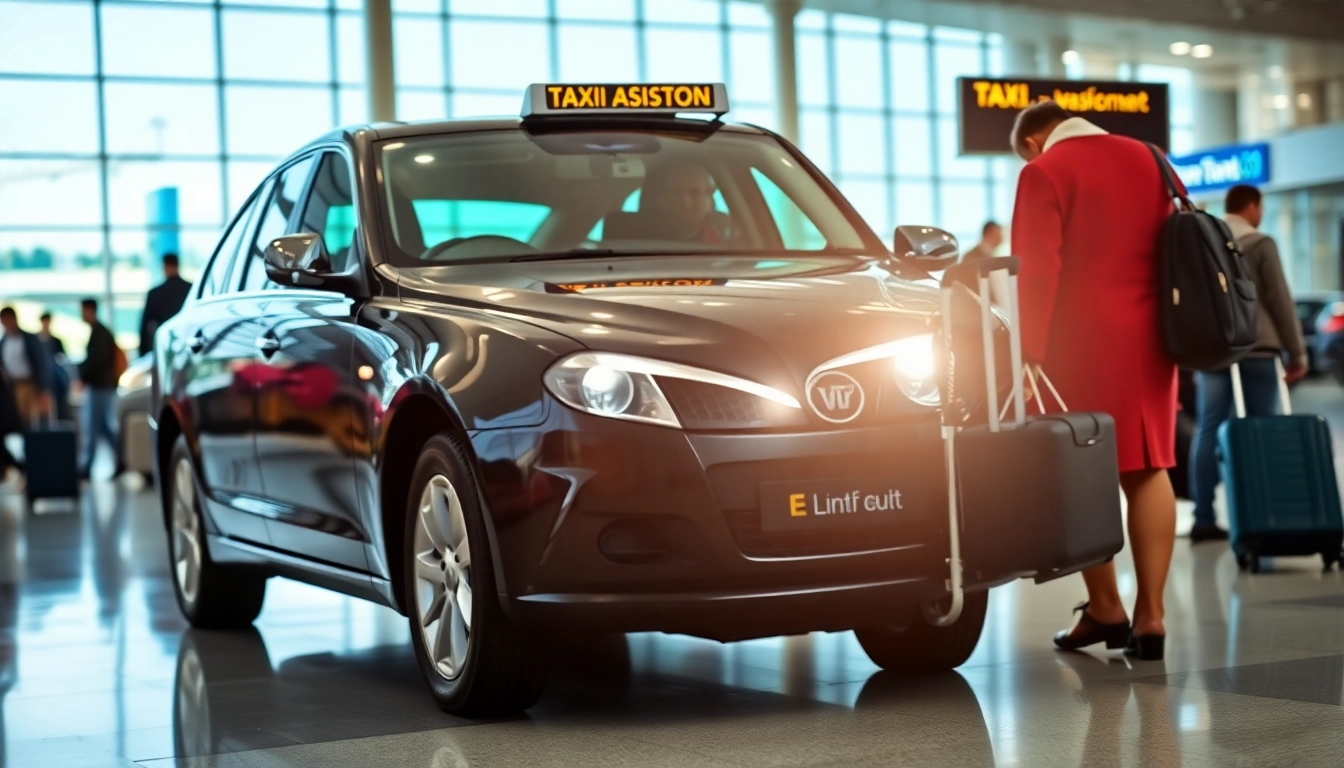 Taxi service at Luton airport helping travelers with their luggage in a busy terminal.