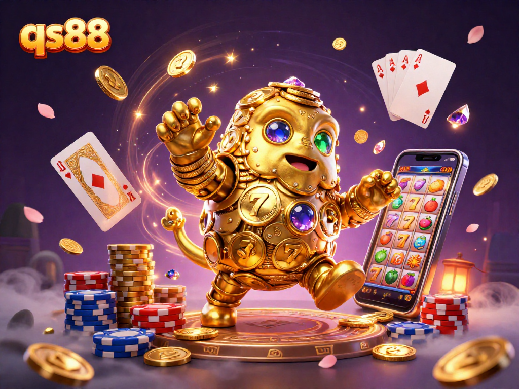 Unlock winning potential with qs88's vibrant golem surrounded by slot reels and golden coins.