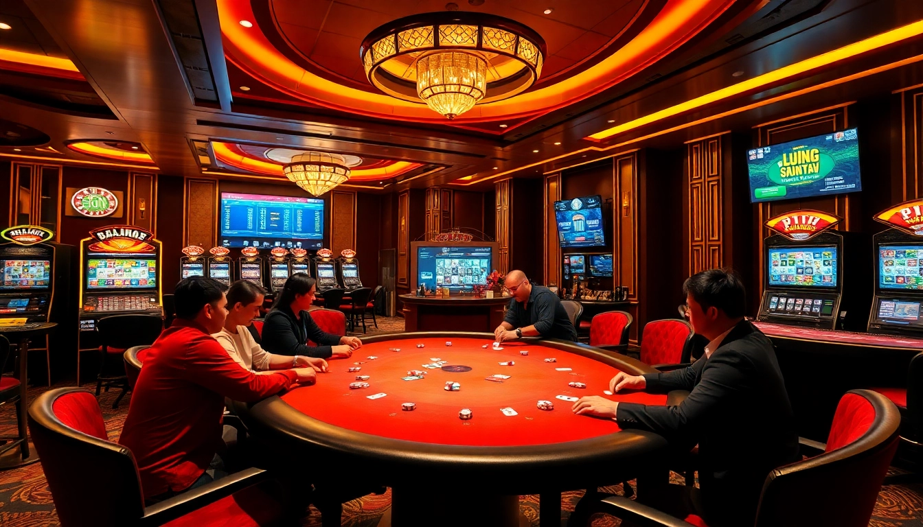 Engage with the thrilling experience of gambling at lương sơn tv, showcasing live poker gaming and vibrant casino elements.