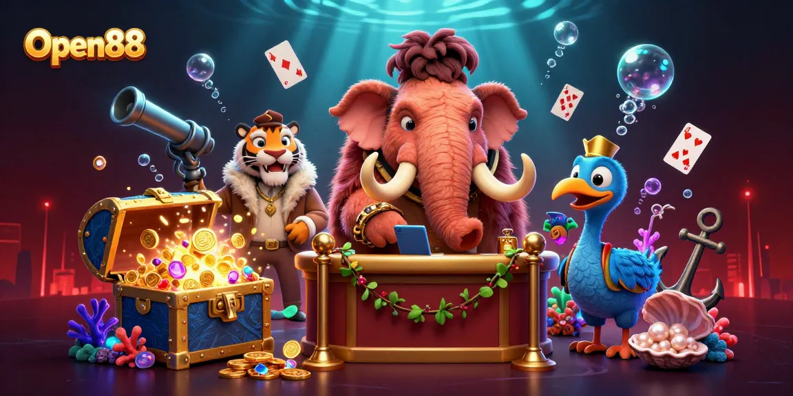 Open88 showcases a vibrant casino scene with energetic characters and winning elements.