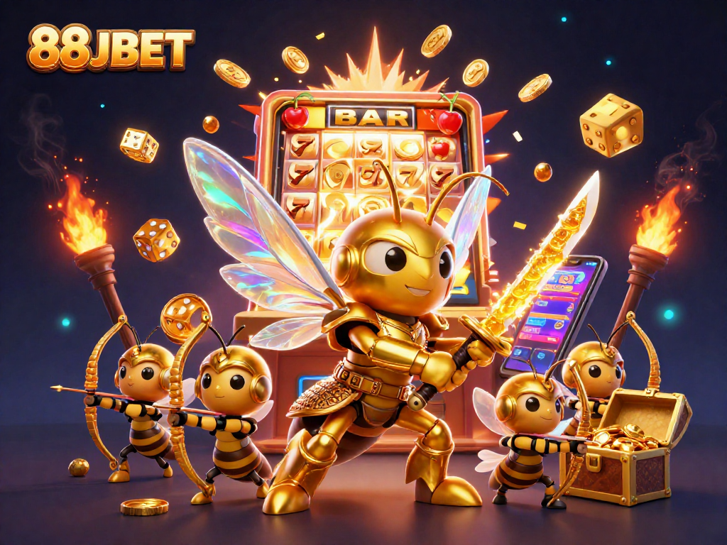 88JBET showcases a dynamic slot machine scene with golden hornet characters in action.