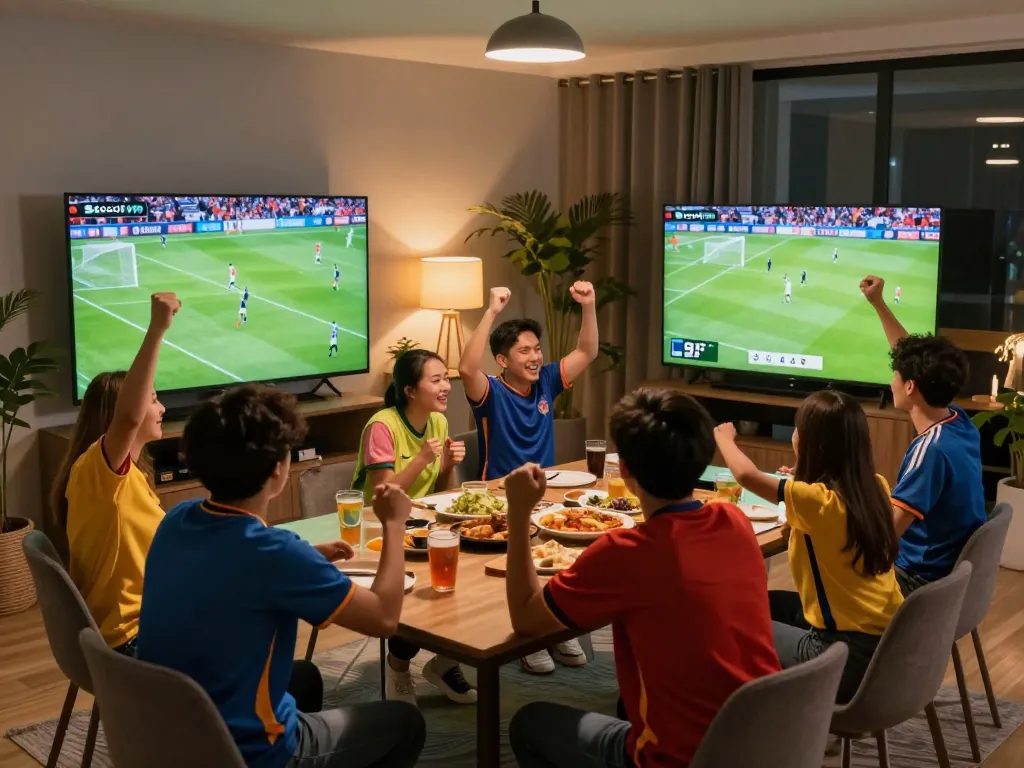 Socolive users enjoying a thrilling live football match with vibrant celebrations and cozy atmosphere.