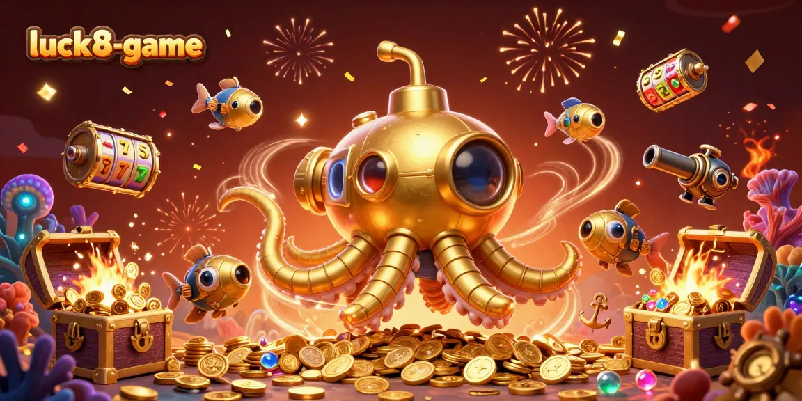 Engage in thrilling luck8-game action with a captivating kraken submarine in a lavish casino scene.