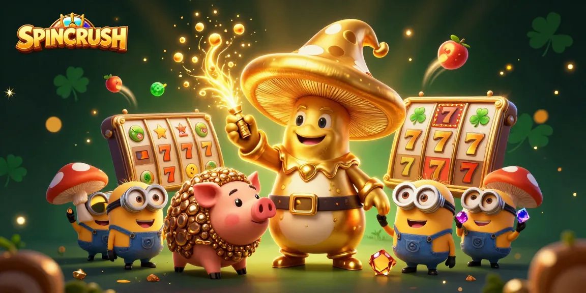Experience the thrill of SPINCRUSH with golden wizard characters surrounded by vibrant slot game elements.