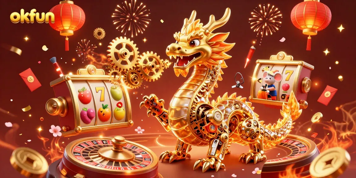 Engage with okfun's vibrant slot games and dynamic casino atmosphere, featuring a mechanical dragon and festive elements.