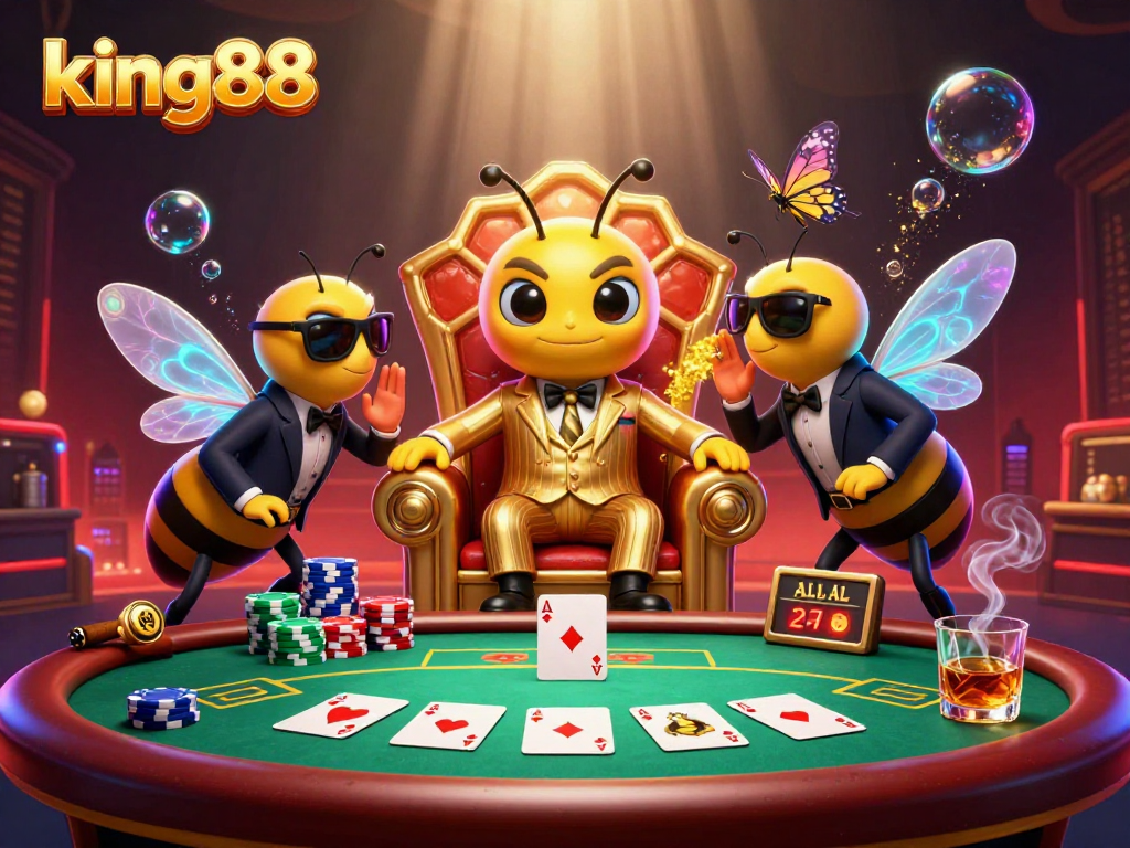 Experience the excitement at king88 with our thrilling poker scene featuring a buzzing mob boss and glimmering rewards.