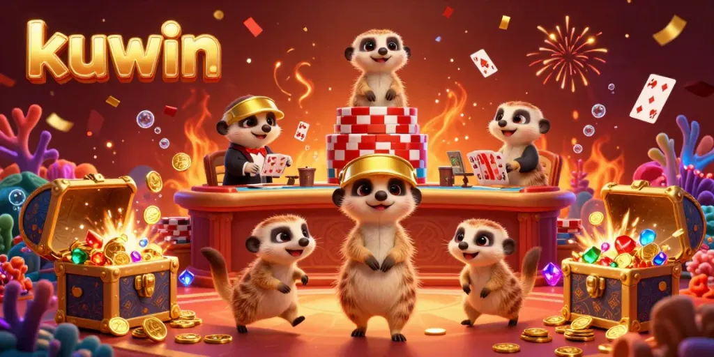 Kuwin's vibrant cartoon casino scene with meerkats as dealers and pit boss amidst dynamic gaming elements and treasures.