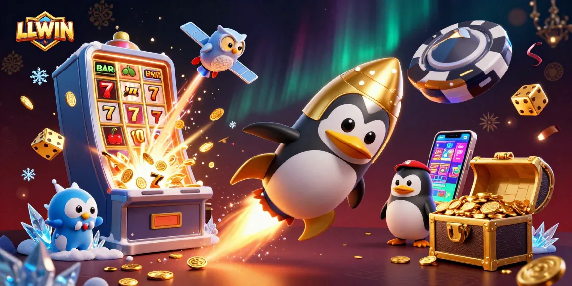 Experience LLWIN's thrilling adventures with a golden penguin conquering casino space.