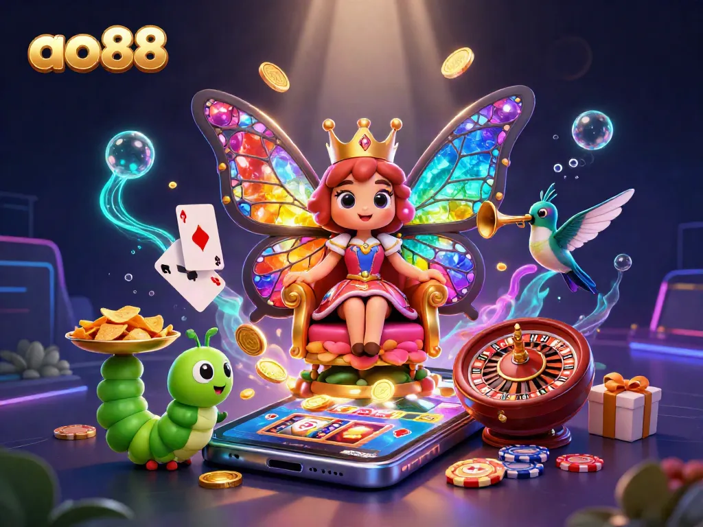 Experience the thrill of ao88 gaming with vibrant 3D casino visuals featuring a butterfly queen and slot games.