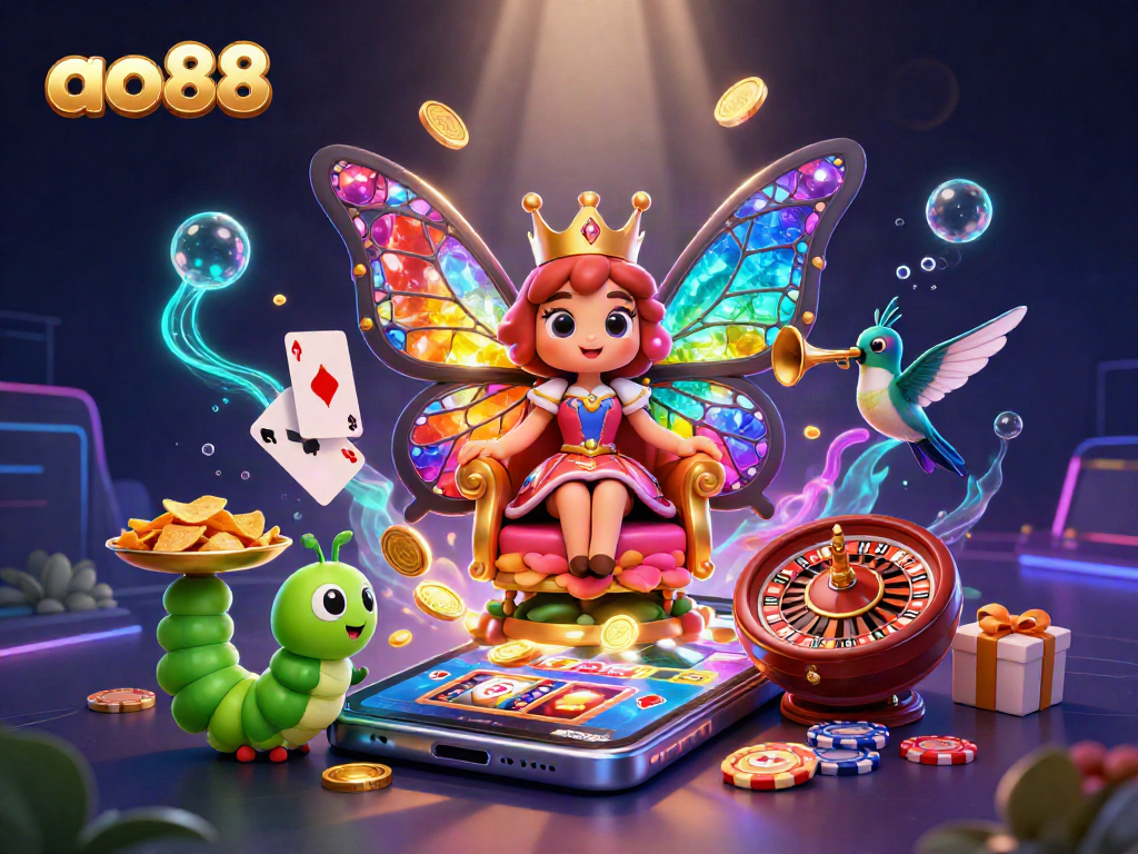 Experience the thrill of ao88 gaming with vibrant 3D casino visuals featuring a butterfly queen and slot games.