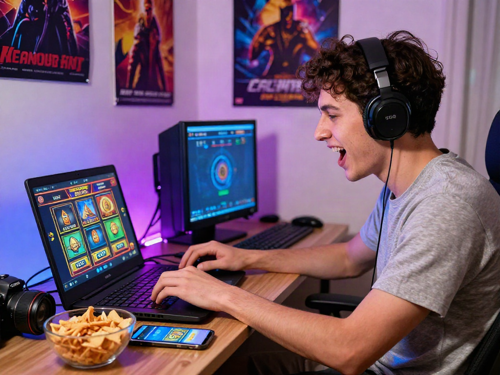 Koitoto online gaming experience with a player enjoying slot games and digital setup.