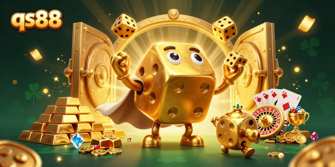 qs88 features golden dice, gambling elements, and colorful gems in a vibrant 3D scene