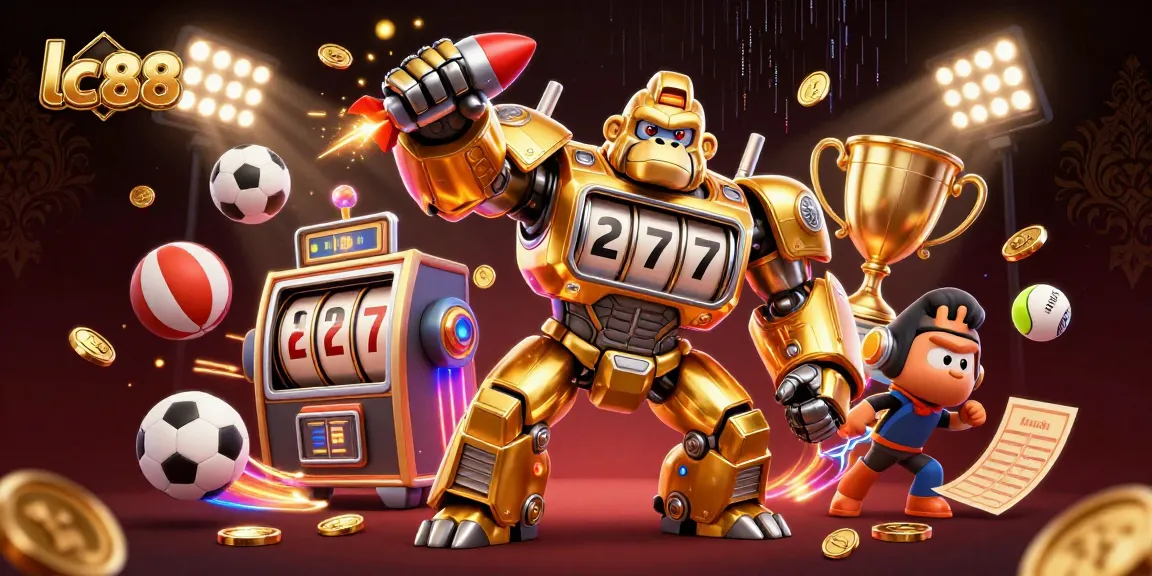 Experience thrilling games at lc88 with this dynamic 3D carnival illustration, showcasing action and excitement in gambling.