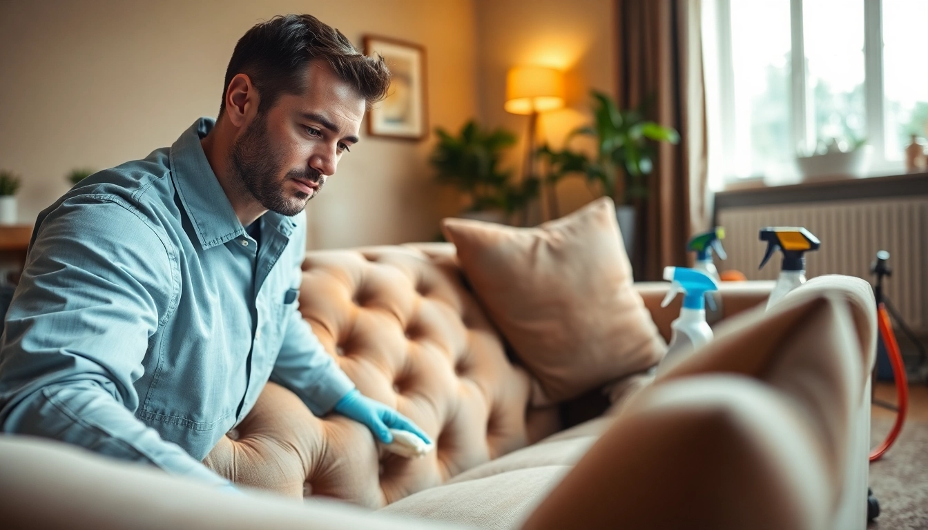 Sofa cleaning in Glasgow, a technician cleaning a plush sofa in a bright, warm living room.