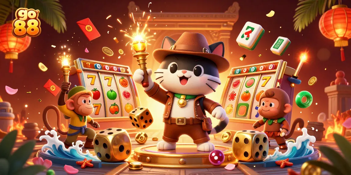 Engage with go 88 in this vibrant casino adventure illustration featuring a treasure-hunting cat and companions.