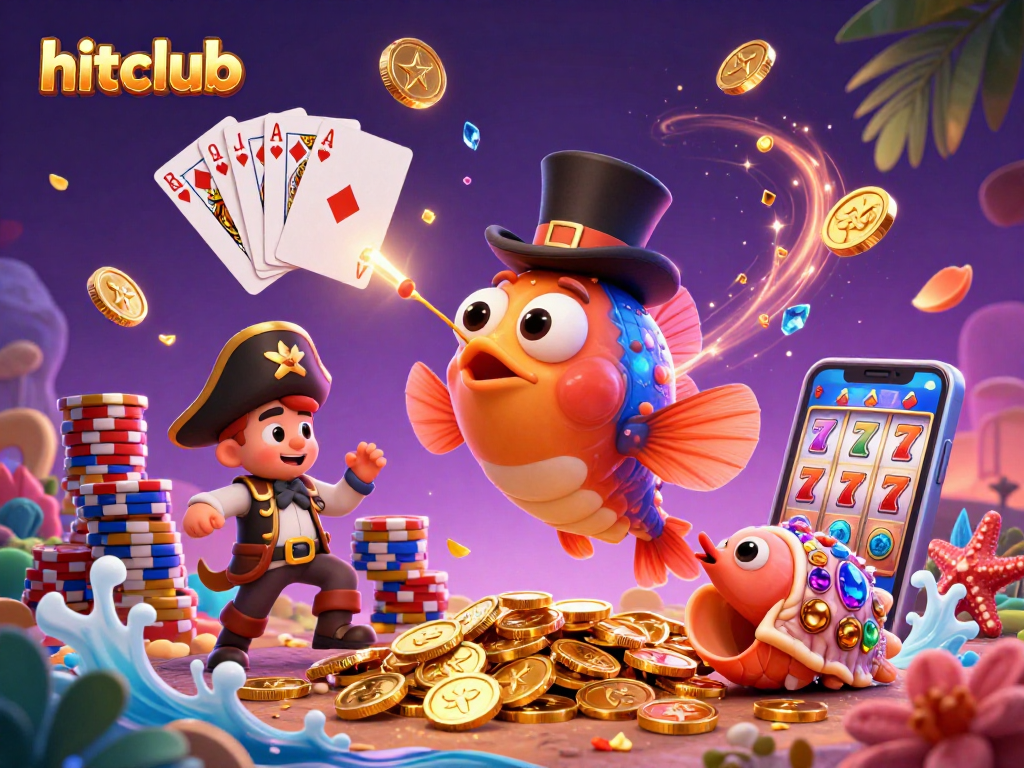 Spin and win with hitclub in a vibrant underwater casino illustration featuring treasures and fun.