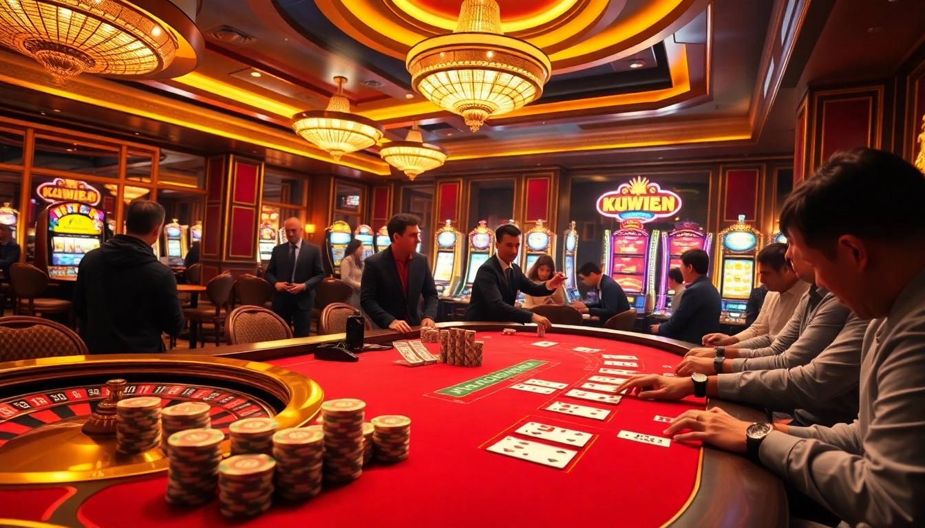 Enjoying a thrilling game at kuwin.com casino with vibrant poker chips and a roulette wheel.
