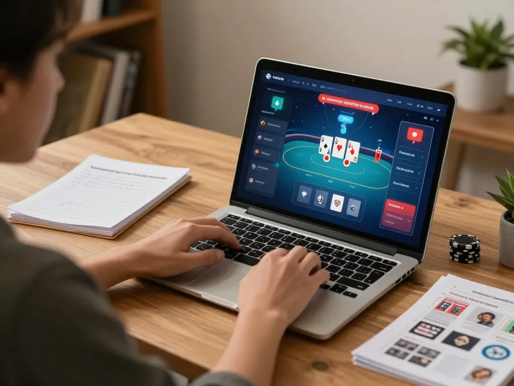 Playing online poker at hbet chính thức with a strategic setup and cozy ambiance, showcasing focused gameplay.