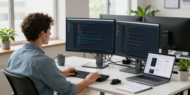Software developer in a tech workspace focused on instant indexing coding.