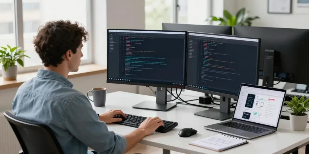Software developer in a tech workspace focused on instant indexing coding.