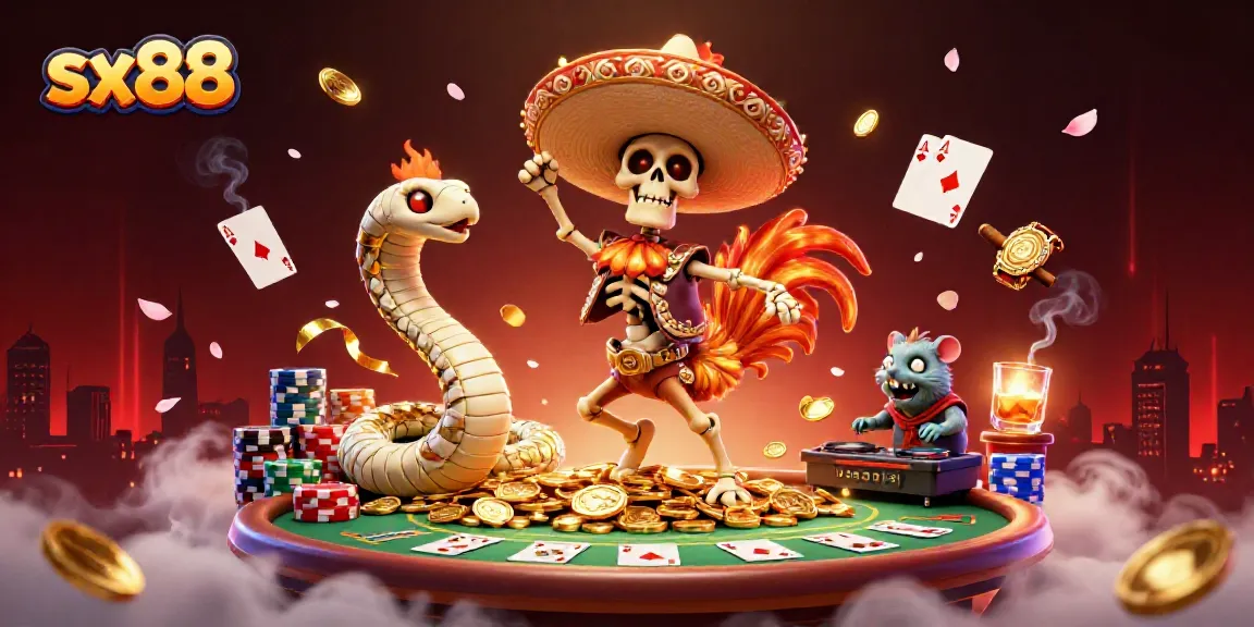 Experience exhilarating sx88 gaming excitement with festive characters dancing on golden coins.